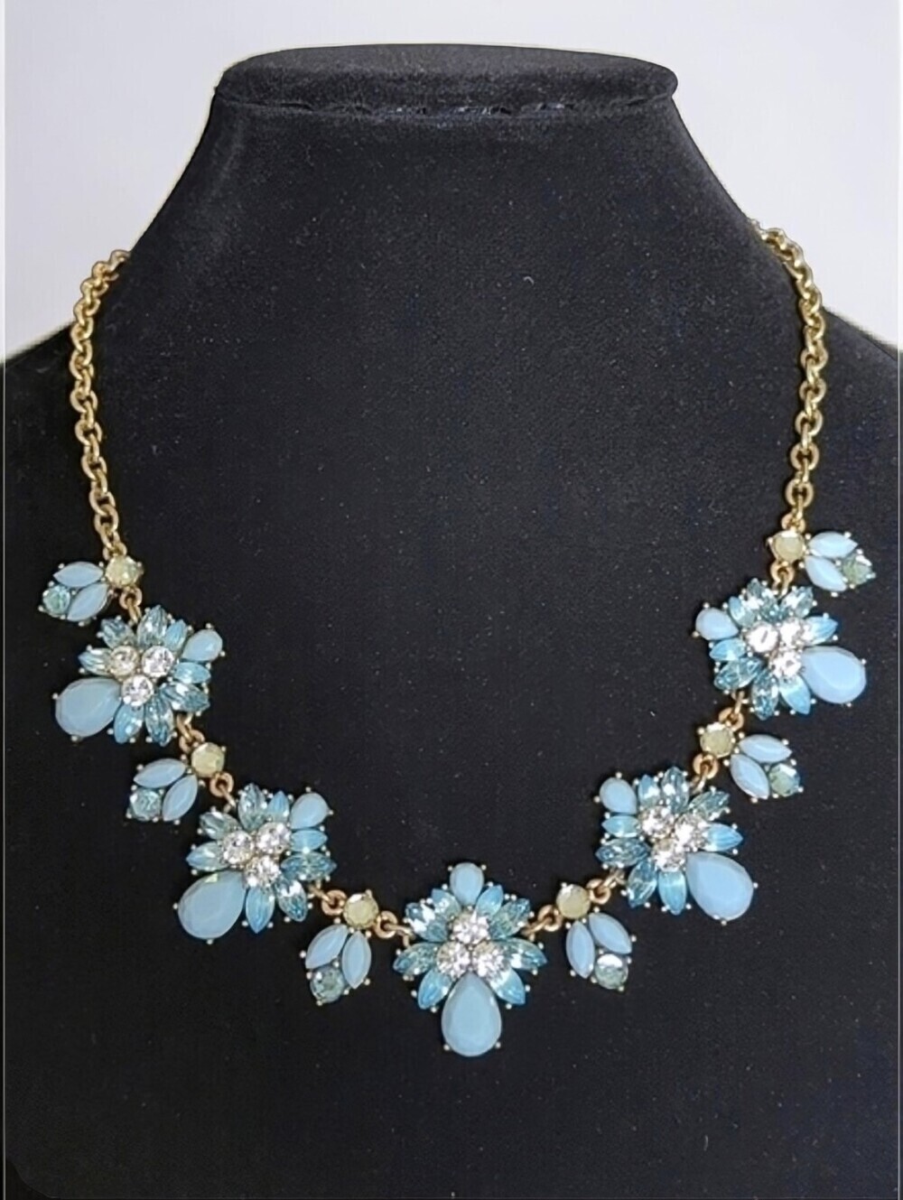 Blue Floral Statement Necklace Rhinestone Crystal Bib Necklace Cottagecore